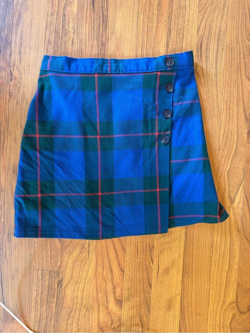 SO Plaid Mini Skirt in Blue, Green and Red Trim
